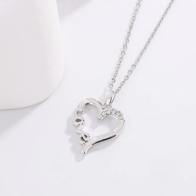 Creative heart design LOVE titanium steel necklace pendant in white gold colour on cross chain