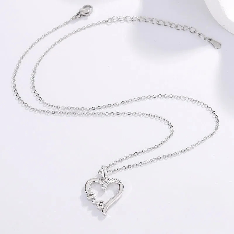 Creative heart design LOVE titanium steel necklace pendant in white gold colour on cross chain