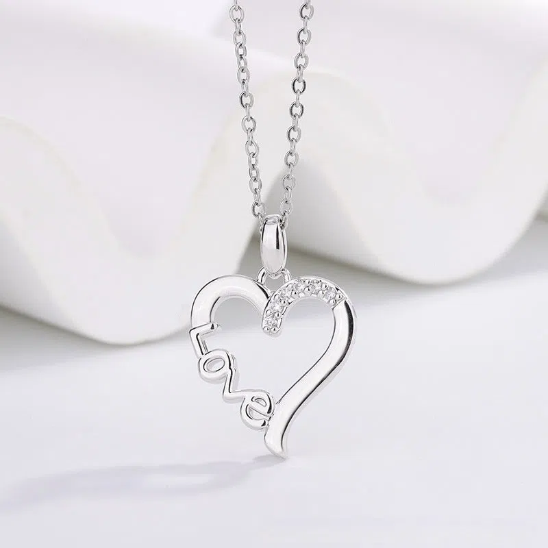 Creative heart design LOVE titanium steel necklace pendant in white gold colour on cross chain