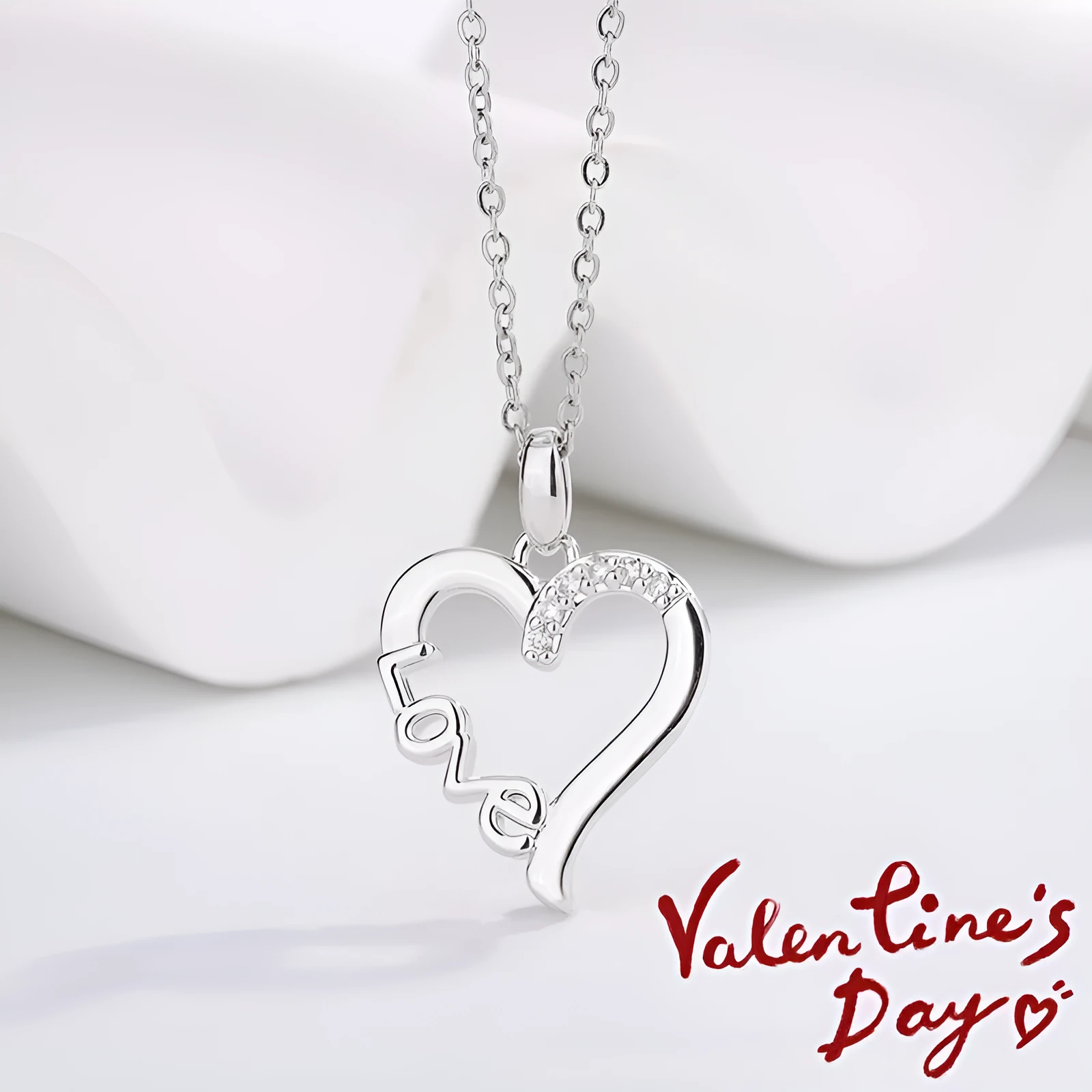 Creative heart design LOVE titanium steel necklace pendant in white gold colour on cross chain