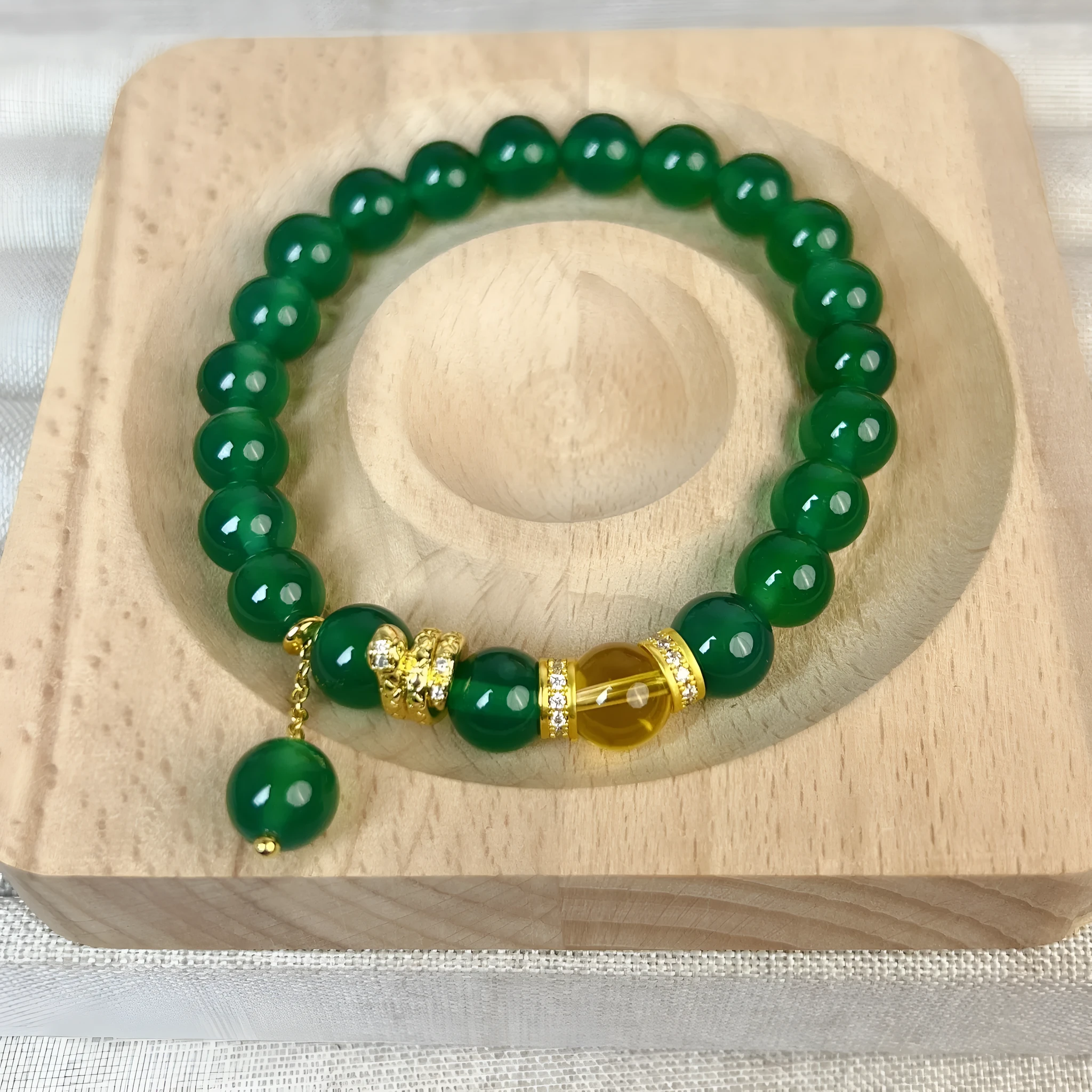 Green chalcedony and red agate wealth snake bracelet with geometric design for unisex wear