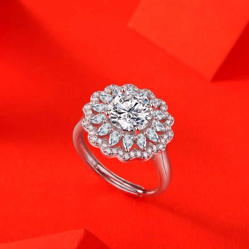 S925 silver adjustable moissanite ring flower design for women