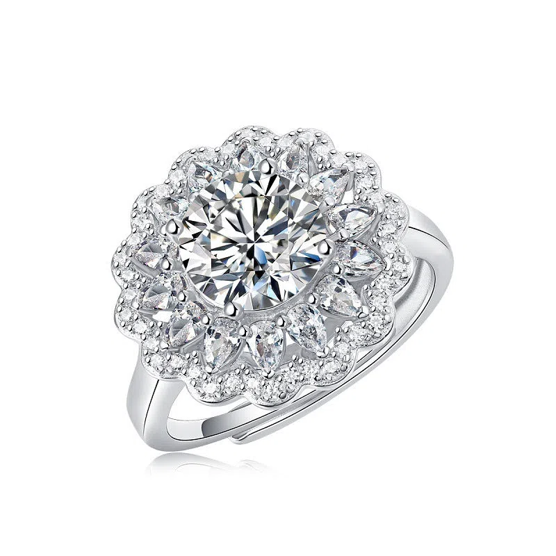 S925 silver adjustable moissanite ring flower design for women