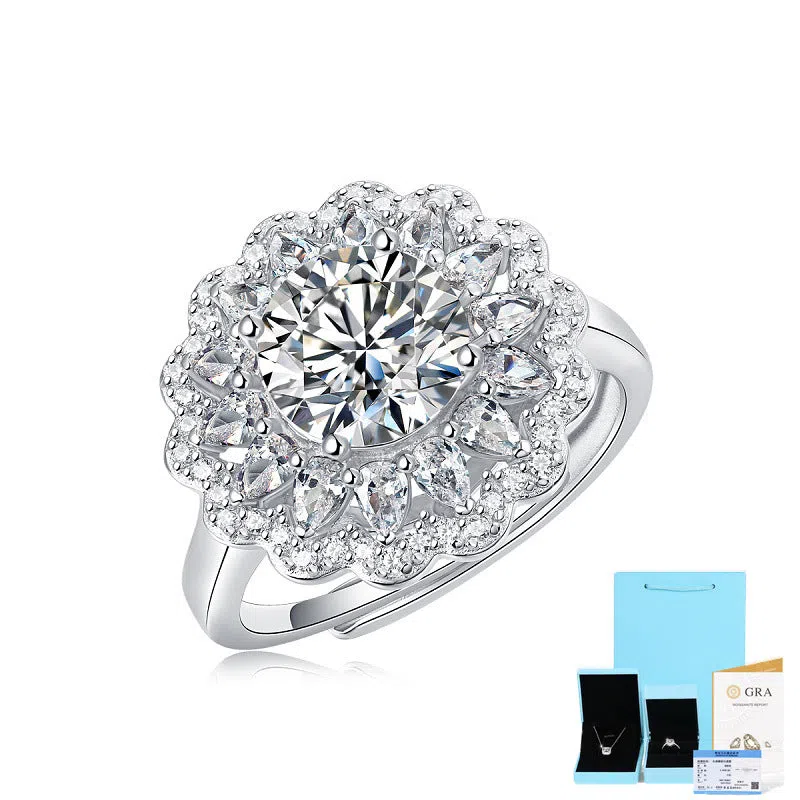 S925 silver adjustable moissanite ring flower design for women