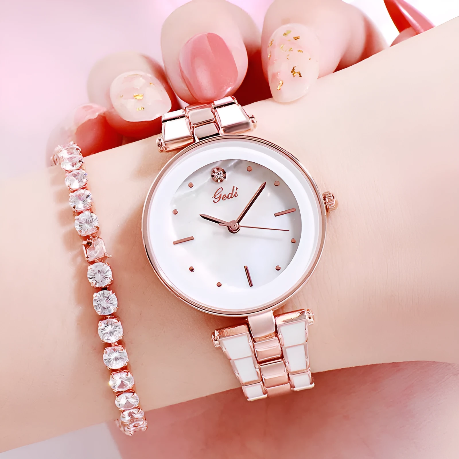 White dial ladies quartz watch with rose gold accents, steel strap, 30mm round alloy case on flat surface