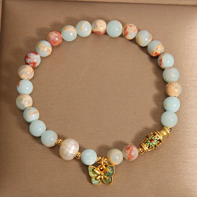 Blue women's bracelet with Shoushan stone and freshwater pearl butterfly pendant