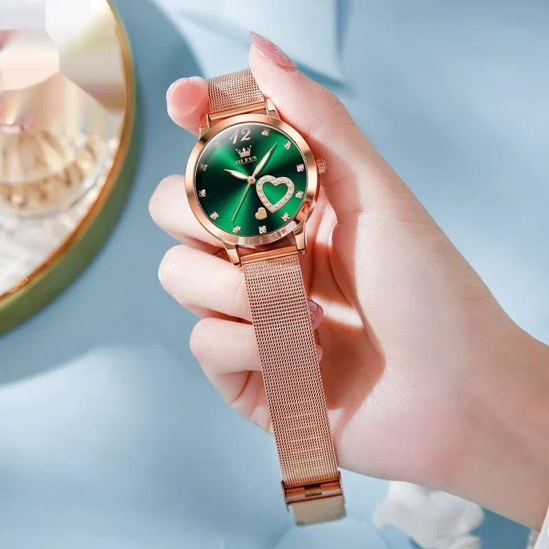 Women's mesh strap watch with alloy case and rose shell dial, 36mm diameter