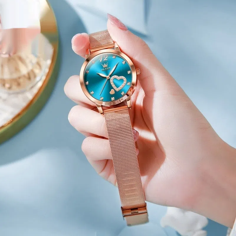 Women's mesh strap watch with alloy case and rose shell dial, 36mm diameter