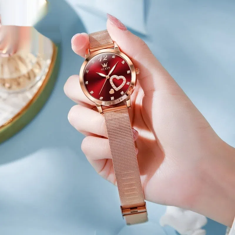 Women's mesh strap watch with alloy case and rose shell dial, 36mm diameter