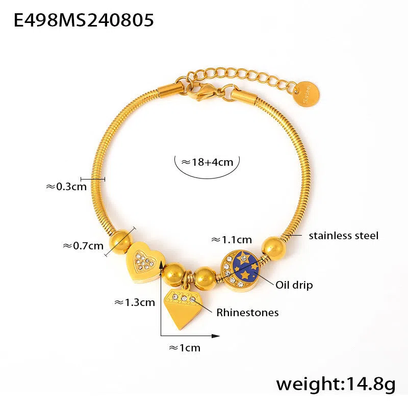 Gold stainless steel heart-shaped chain bracelet for women with drop oil finish geometric style