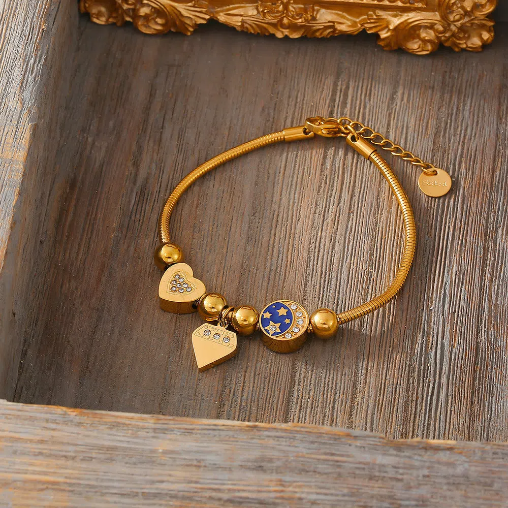 Gold stainless steel heart-shaped chain bracelet for women with drop oil finish geometric style