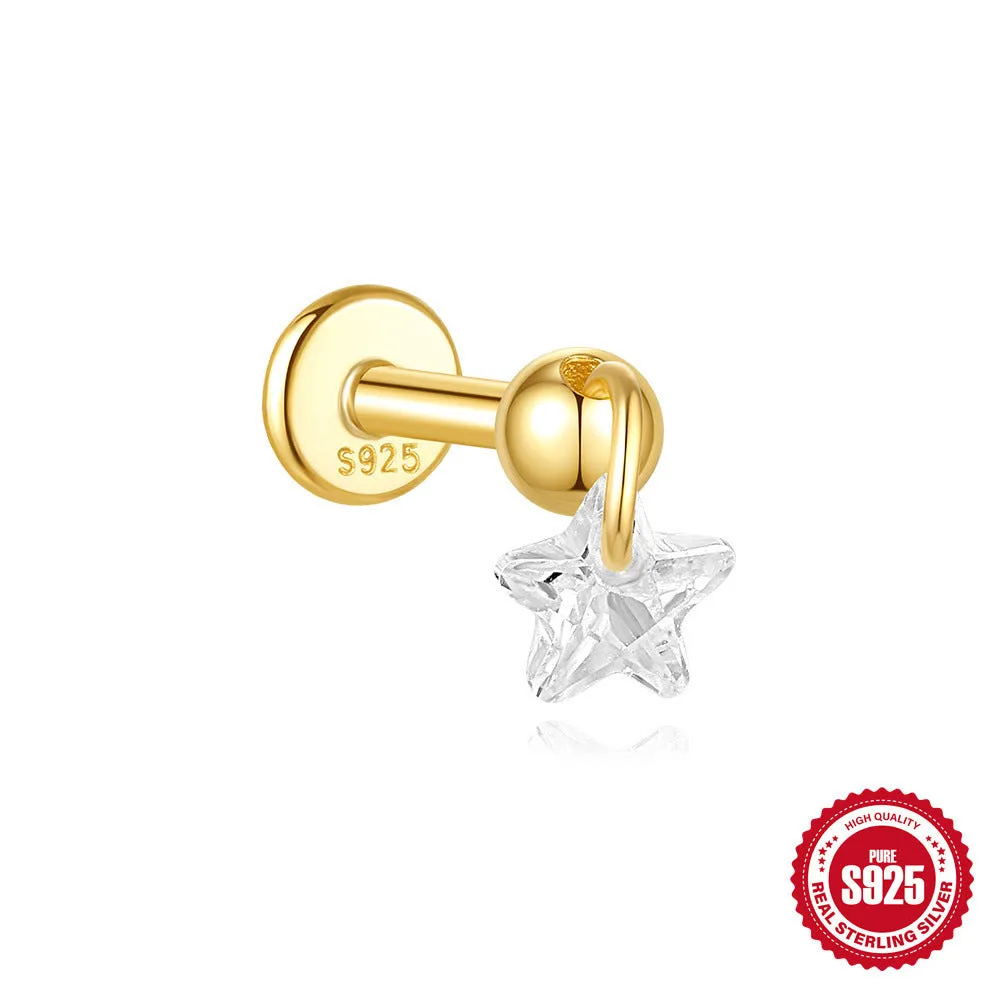 S925 sterling silver geometric earrings with a moon and embedded diamond star design in a gold-toned finish.