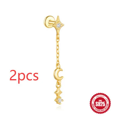 S925 sterling silver geometric earrings with a moon and embedded diamond star design in a gold-toned finish.