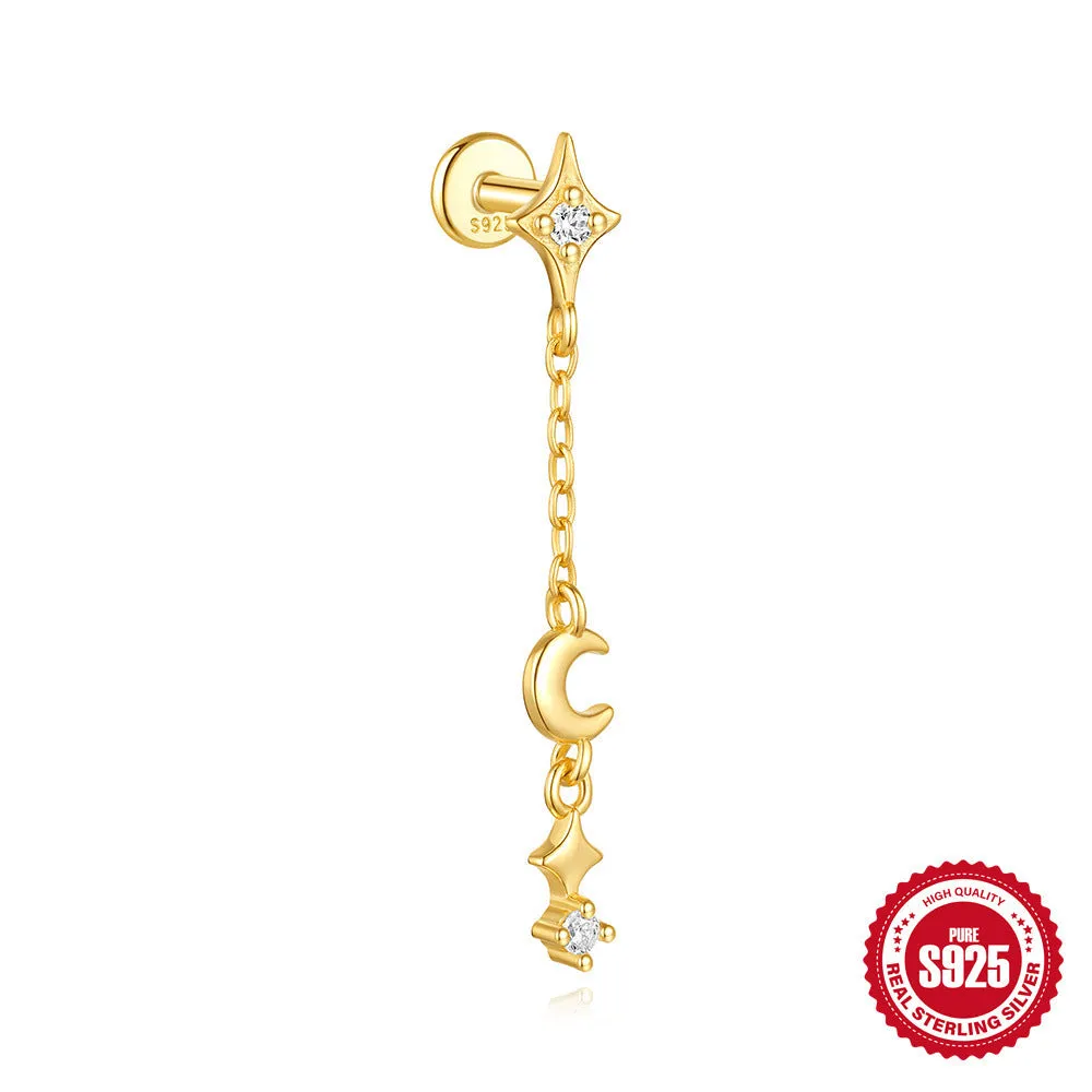 S925 sterling silver geometric earrings with a moon and embedded diamond star design in a gold-toned finish.