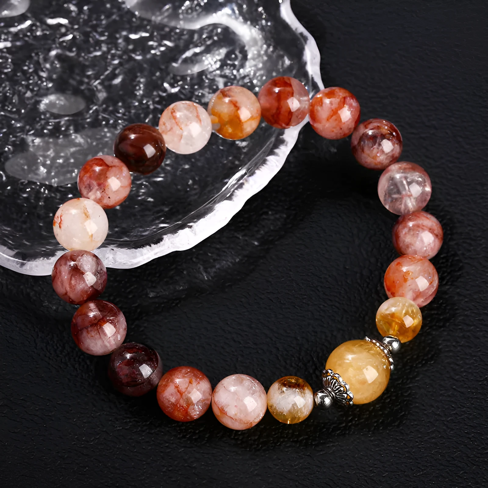 Handmade red sealant flower citrine crystal bracelet with 10mm geometry beads