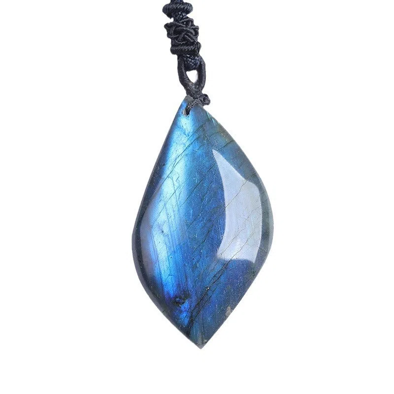 Natural labradorite leaf pendant necklace with blue moonlight effect on white background