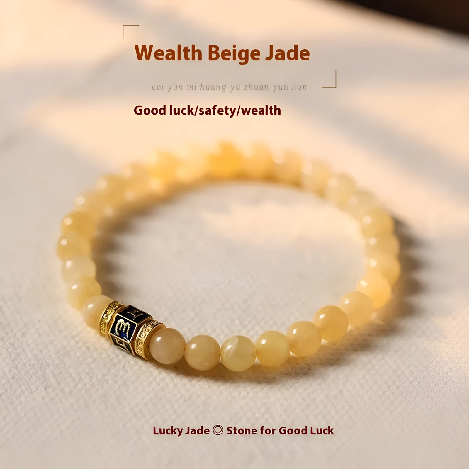 Women's hand-woven topaz bracelet with mantra barrel beads, square sugar beads, and fu charm in yellow jade