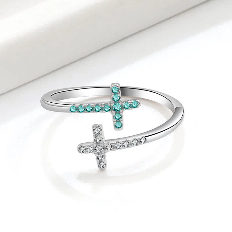 Women's cross open zircon ring in white gold colour on copper base with adjustable size