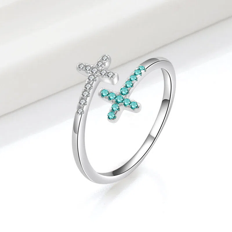 Women's cross open zircon ring in white gold colour on copper base with adjustable size