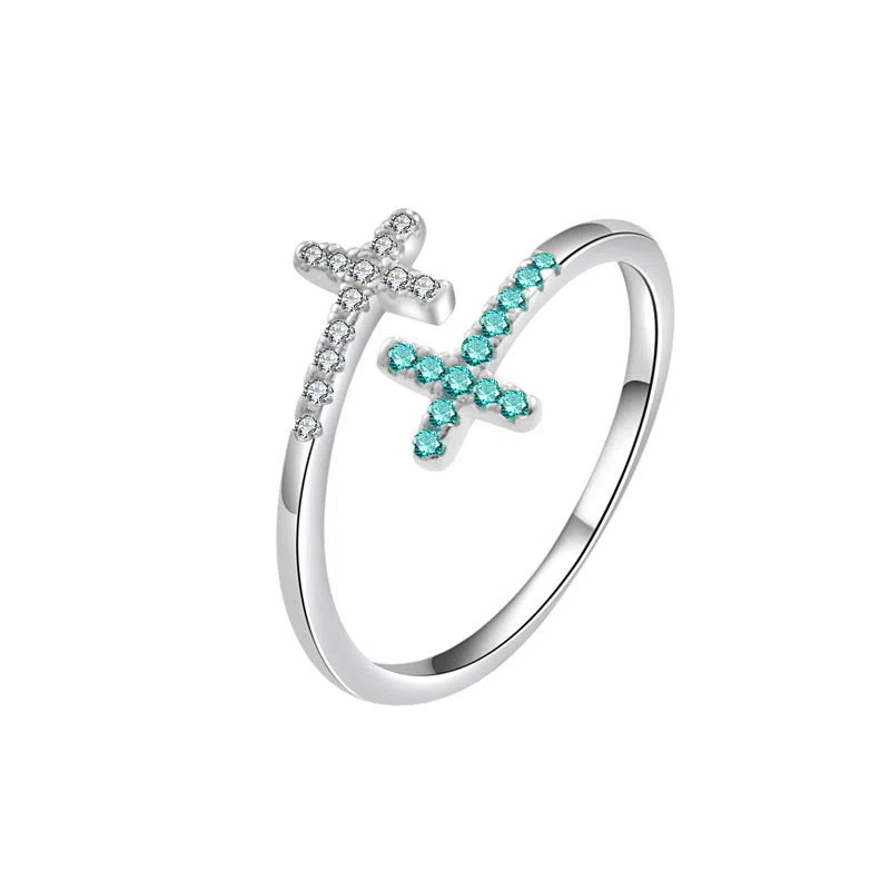 Women's cross open zircon ring in white gold colour on copper base with adjustable size
