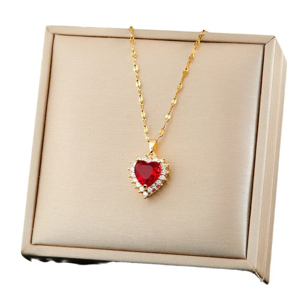 Gold red titanium steel heart pendant necklace with mixed gem inlay and water wave chain