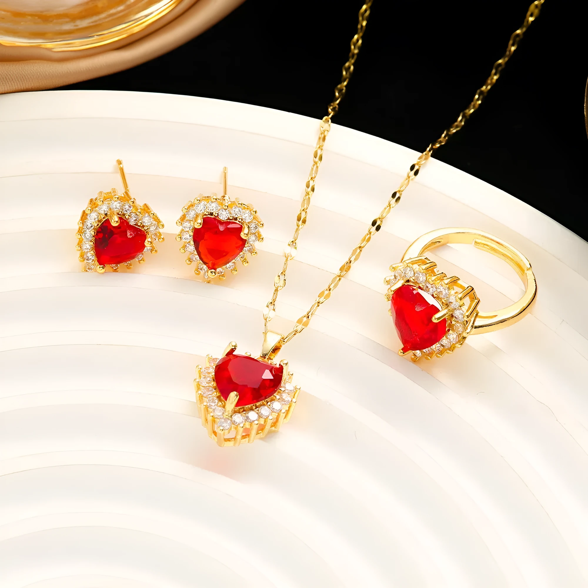 Gold red titanium steel heart pendant necklace with mixed gem inlay and water wave chain