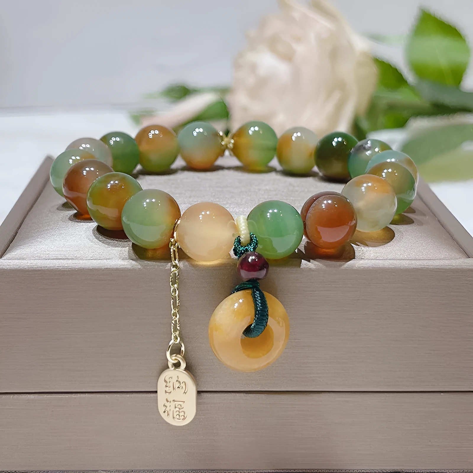 Yellow peacock agate and old mine topaz women's bracelet with peace buckle fastening