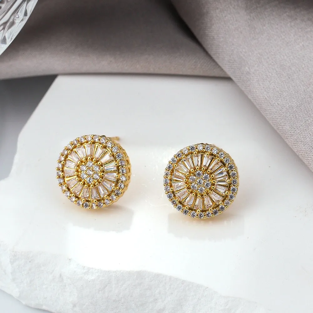Copper geometric round earrings with electroplated gold finish and circular pattern design