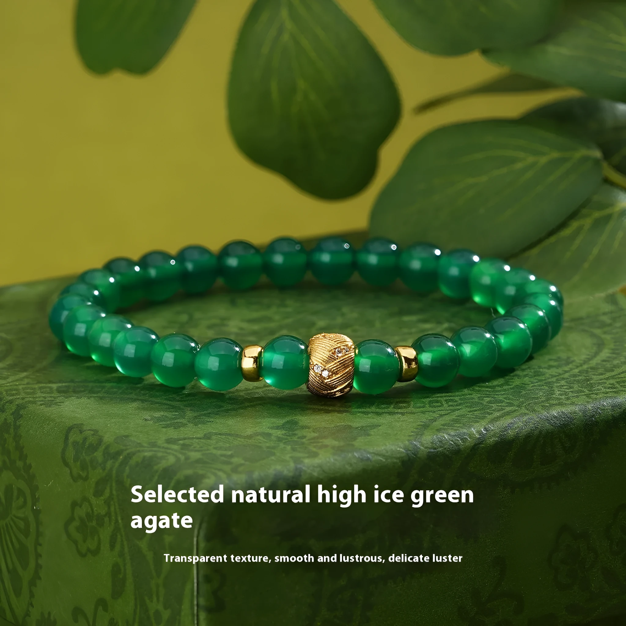 Green agate and S925 sterling silver bracelet with 6mm beads and yellow gold electroplated finish.