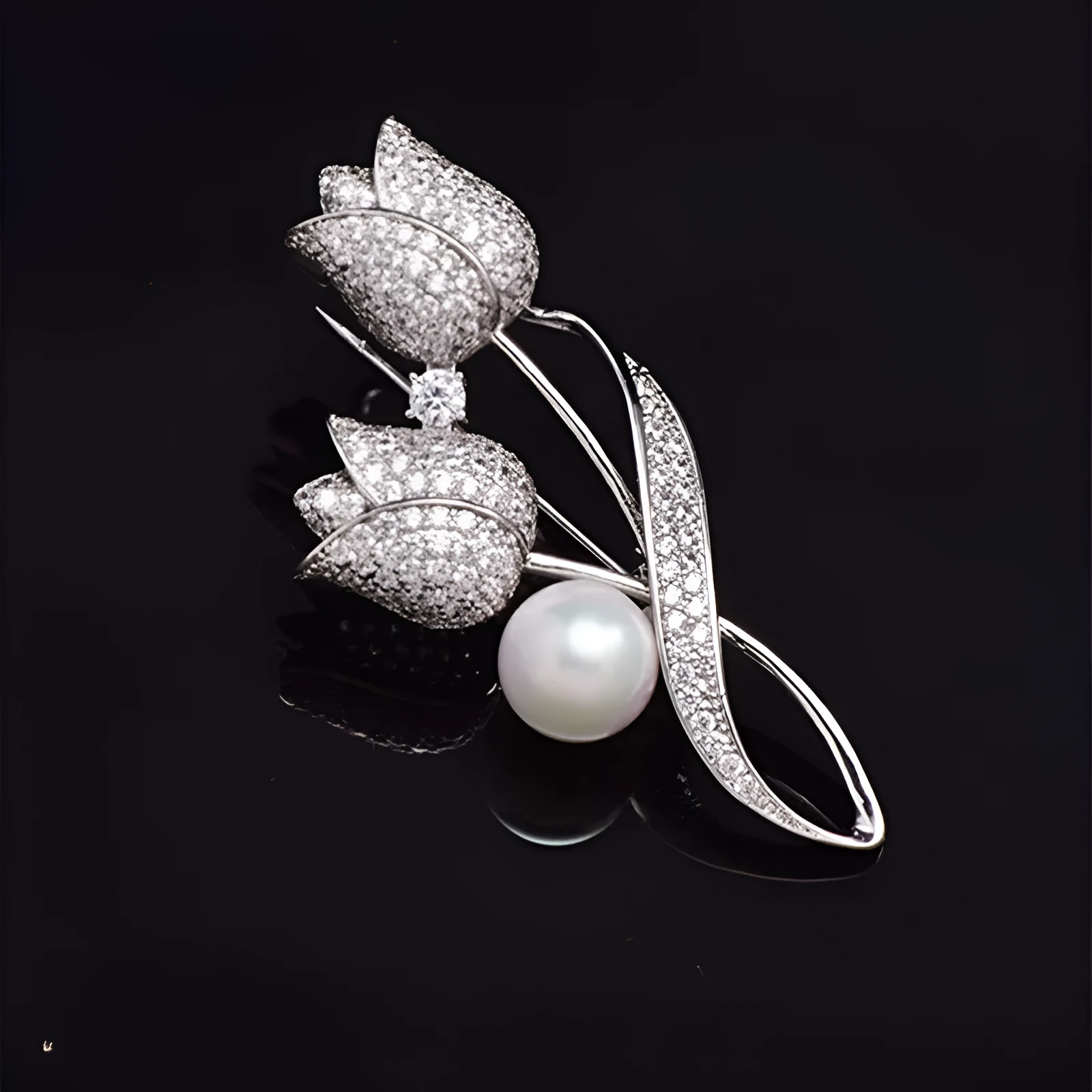 Flower-shaped brooch with micro-inlaid zircon stones in 181 silver tulip colour on alloy base