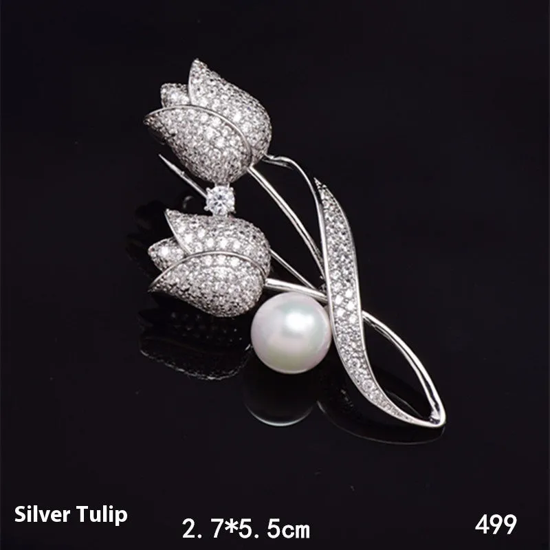 Flower-shaped brooch with micro-inlaid zircon stones in 181 silver tulip colour on alloy base