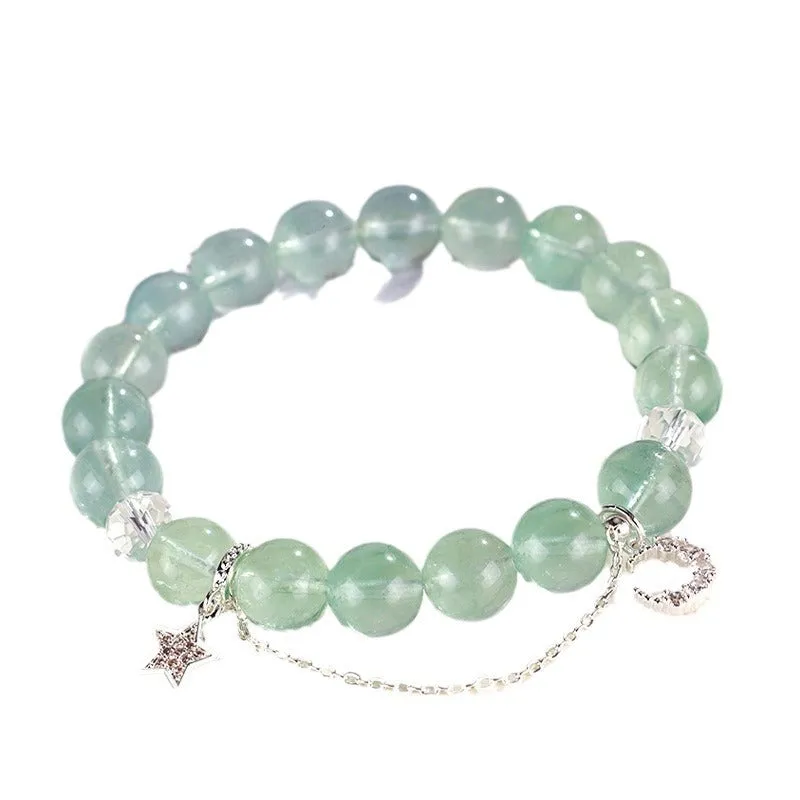 Green fluorite star moon princess bracelet with white crystals and electroplated metal