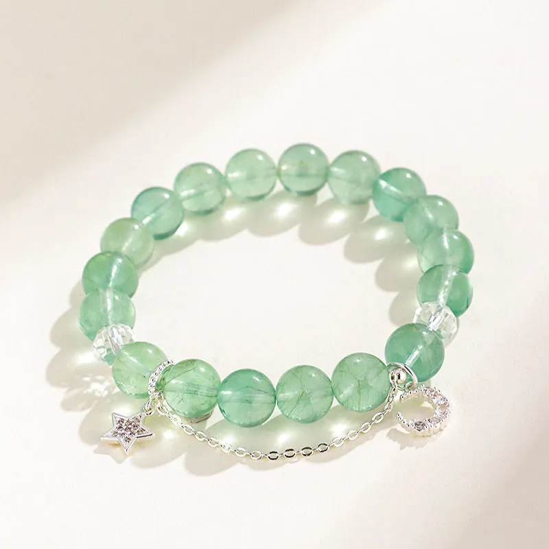 Green fluorite star moon princess bracelet with white crystals and electroplated metal