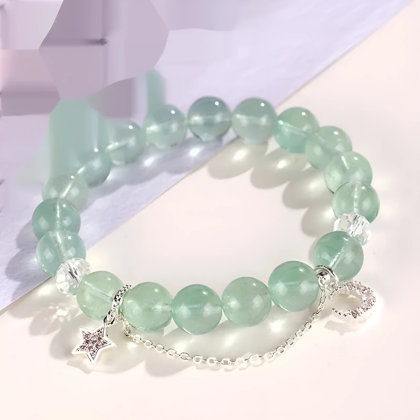 Green fluorite star moon princess bracelet with white crystals and electroplated metal