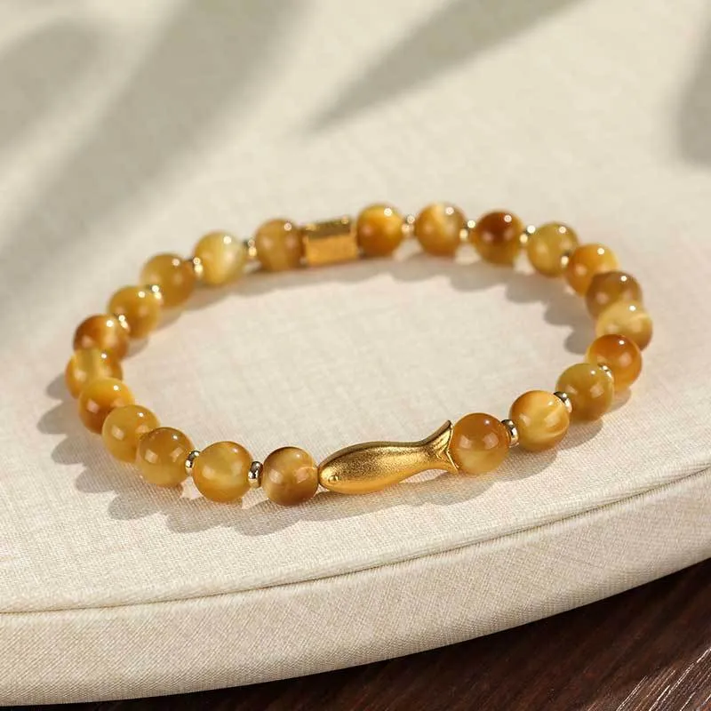 Women's Tiger Eye small fish beaded bracelet handmade from natural gemstone with animal design