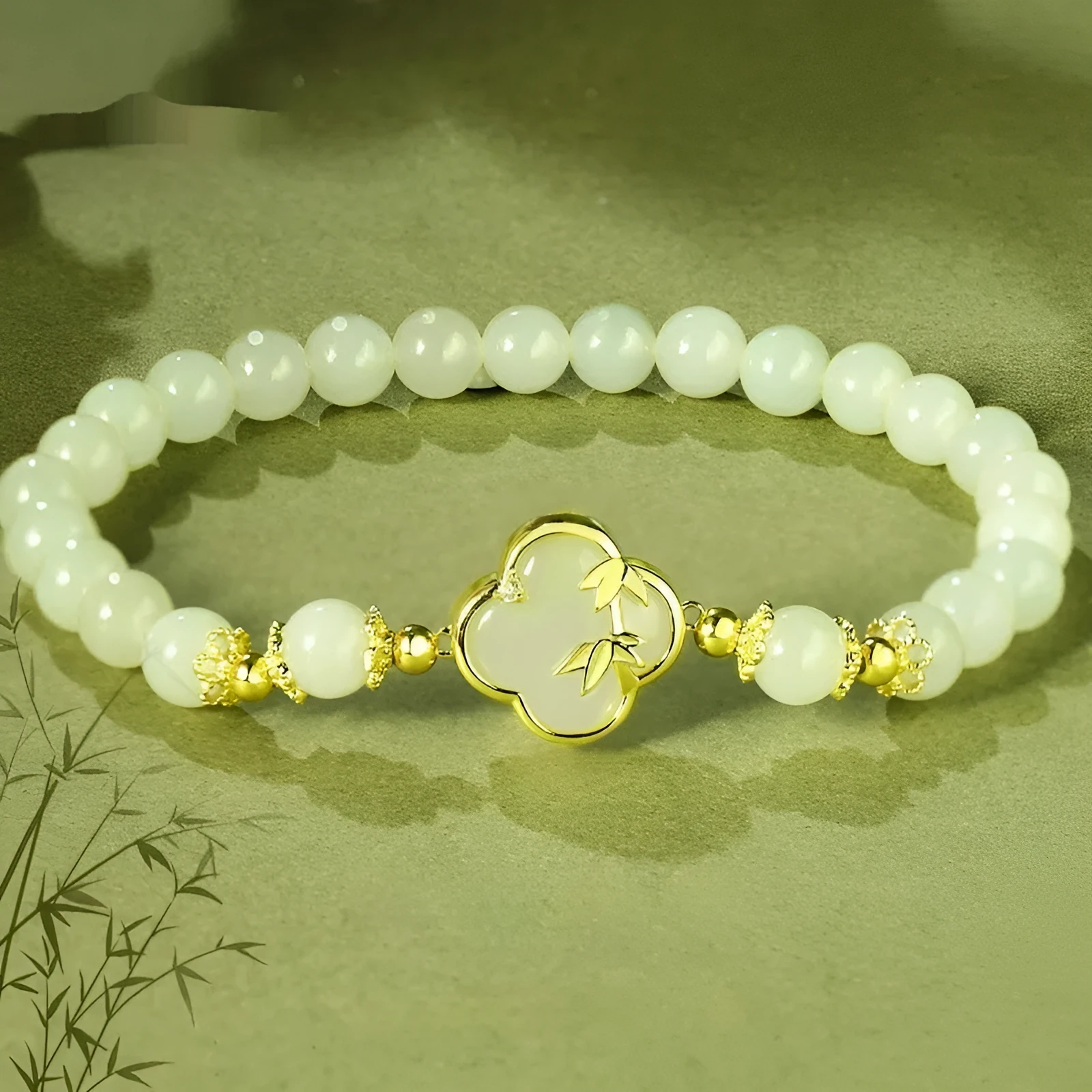 Hetian jade festival bracelet and necklace set with inlaid leaf design in national style