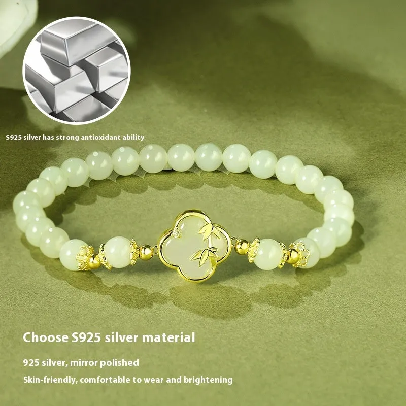 Hetian jade festival bracelet and necklace set with inlaid leaf design in national style