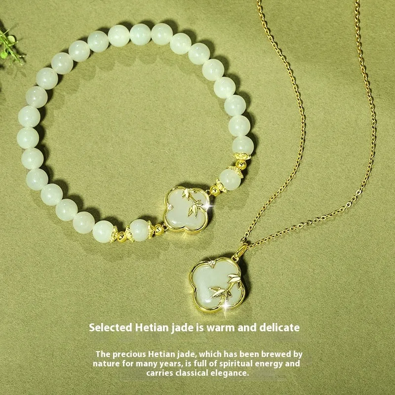 Hetian jade festival bracelet and necklace set with inlaid leaf design in national style