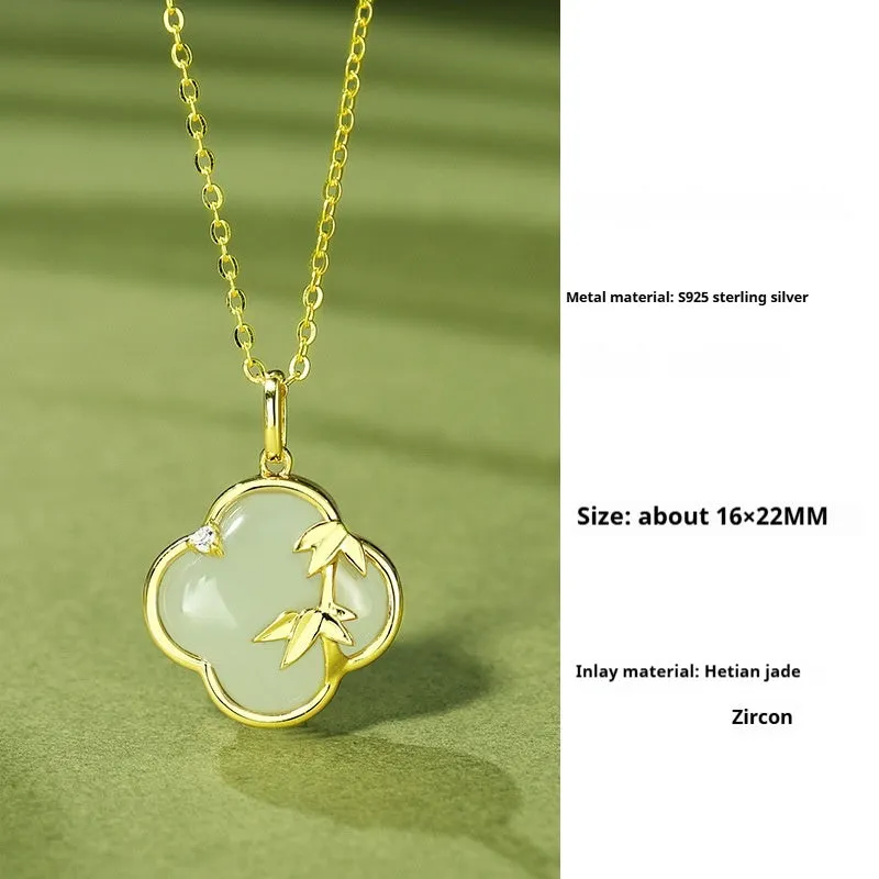 Hetian jade festival bracelet and necklace set with inlaid leaf design in national style