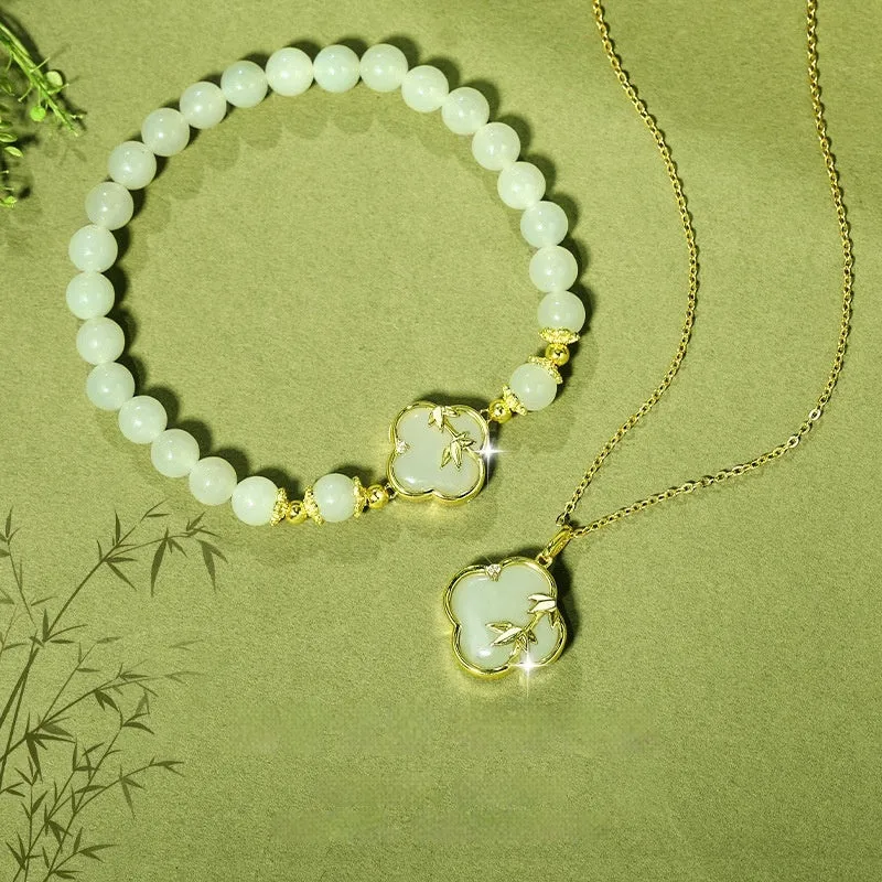 Hetian jade festival bracelet and necklace set with inlaid leaf design in national style