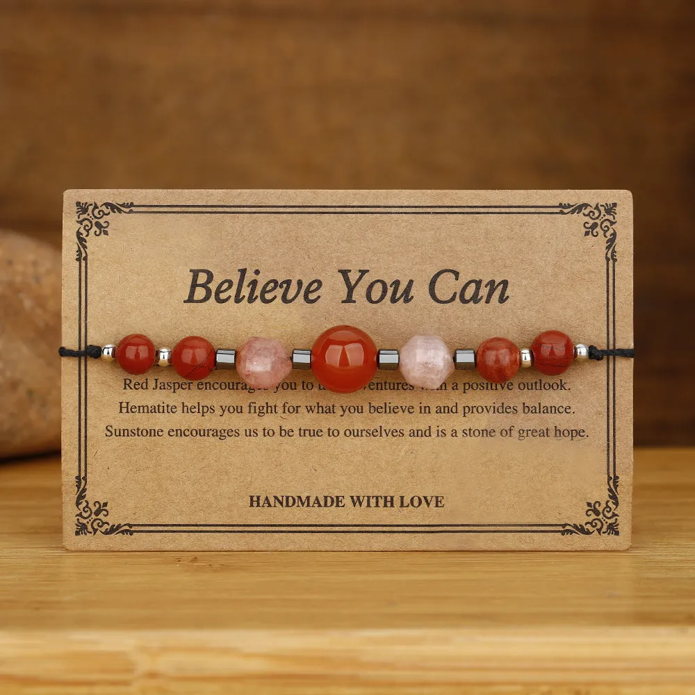 Handmade red geometric bracelet with sunstone, redstone, and copper beads.