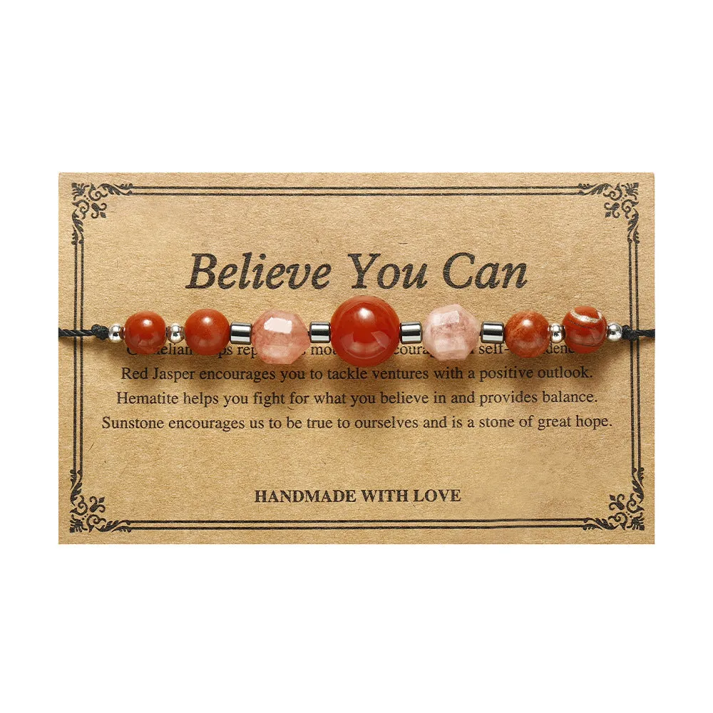 Handmade red geometric bracelet with sunstone, redstone, and copper beads.