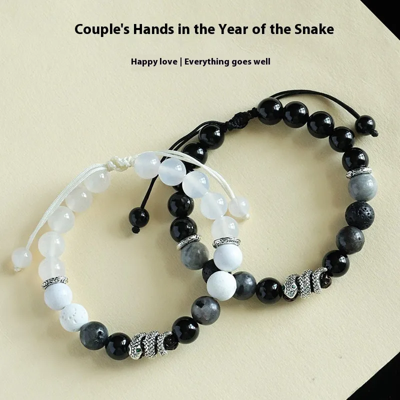 Black and white agate couple bracelets with blessing snake design and handcrafted manual processing