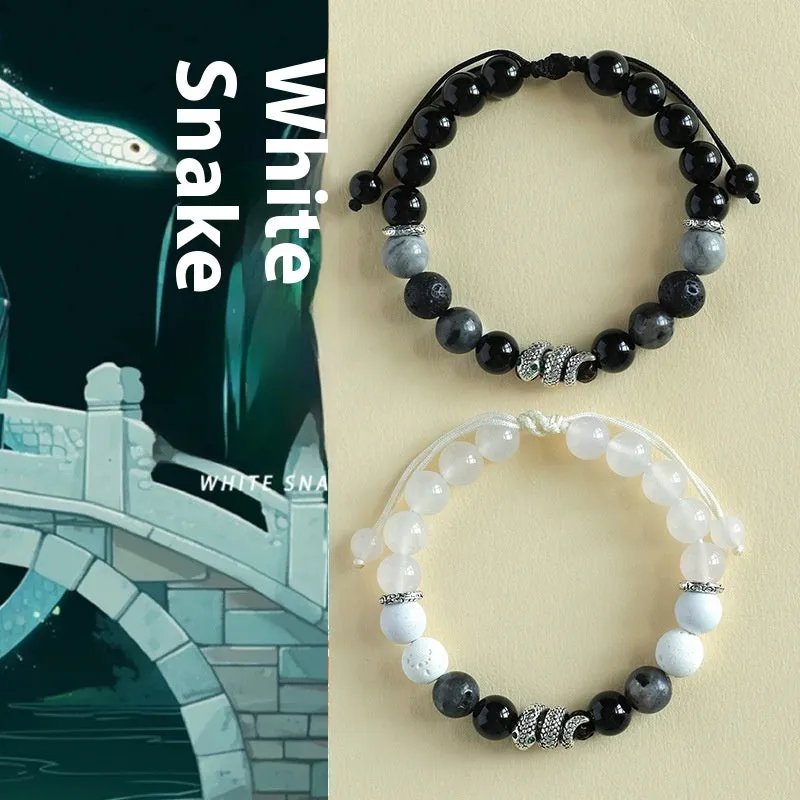 Black and white agate couple bracelets with blessing snake design and handcrafted manual processing