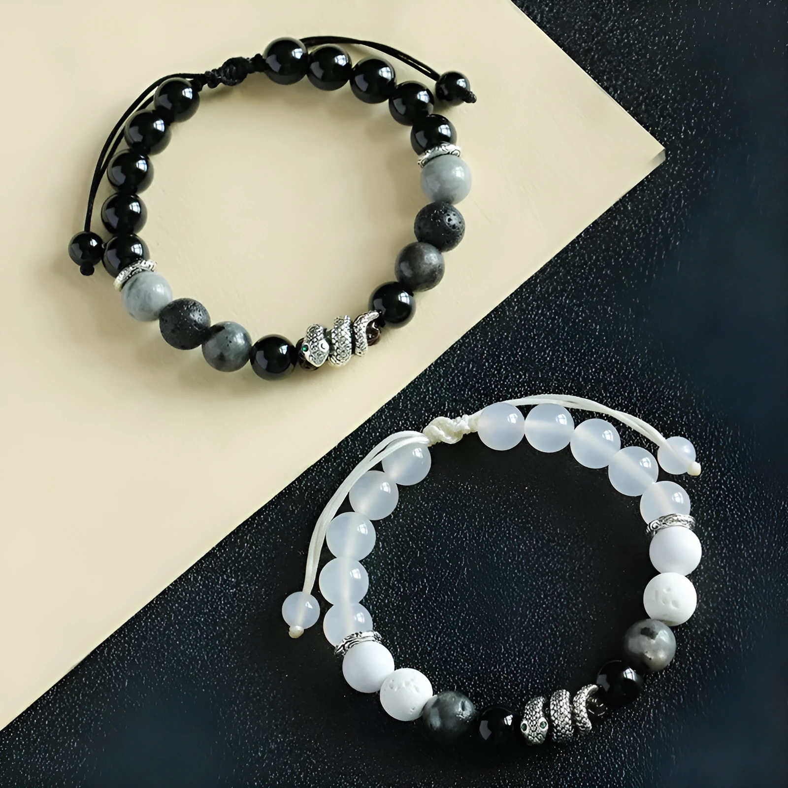 Black and white agate couple bracelets with blessing snake design and handcrafted manual processing