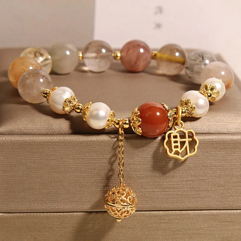 Women's crystal pearl bracelet with colourful hair crystal pearls and Chinese character Cai decoration