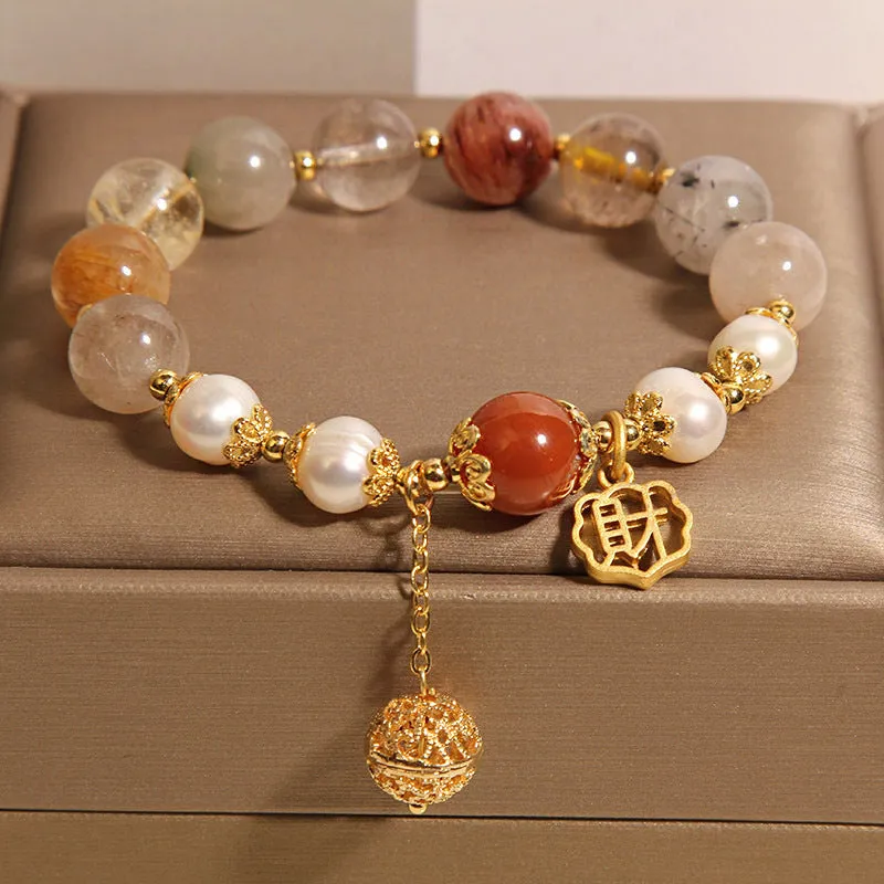 Women's crystal pearl bracelet with colourful hair crystal pearls and Chinese character Cai decoration