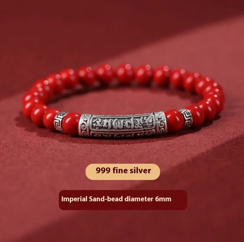 Cinnabar good luck bracelet with purple gold sandstone beads in traditional national style design