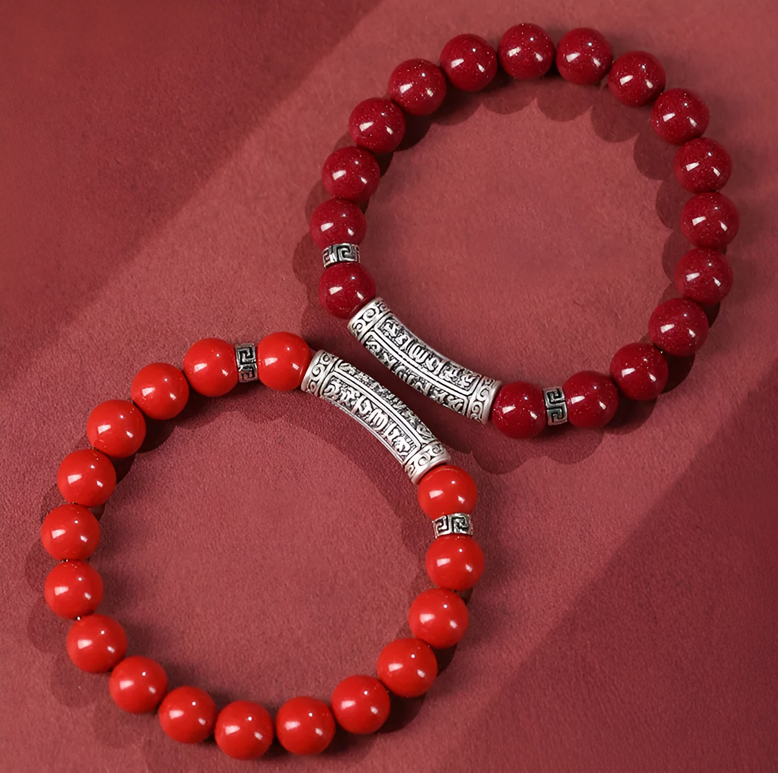 Cinnabar good luck bracelet with purple gold sandstone beads in traditional national style design