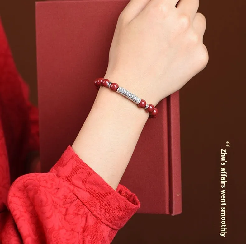 Cinnabar good luck bracelet with purple gold sandstone beads in traditional national style design